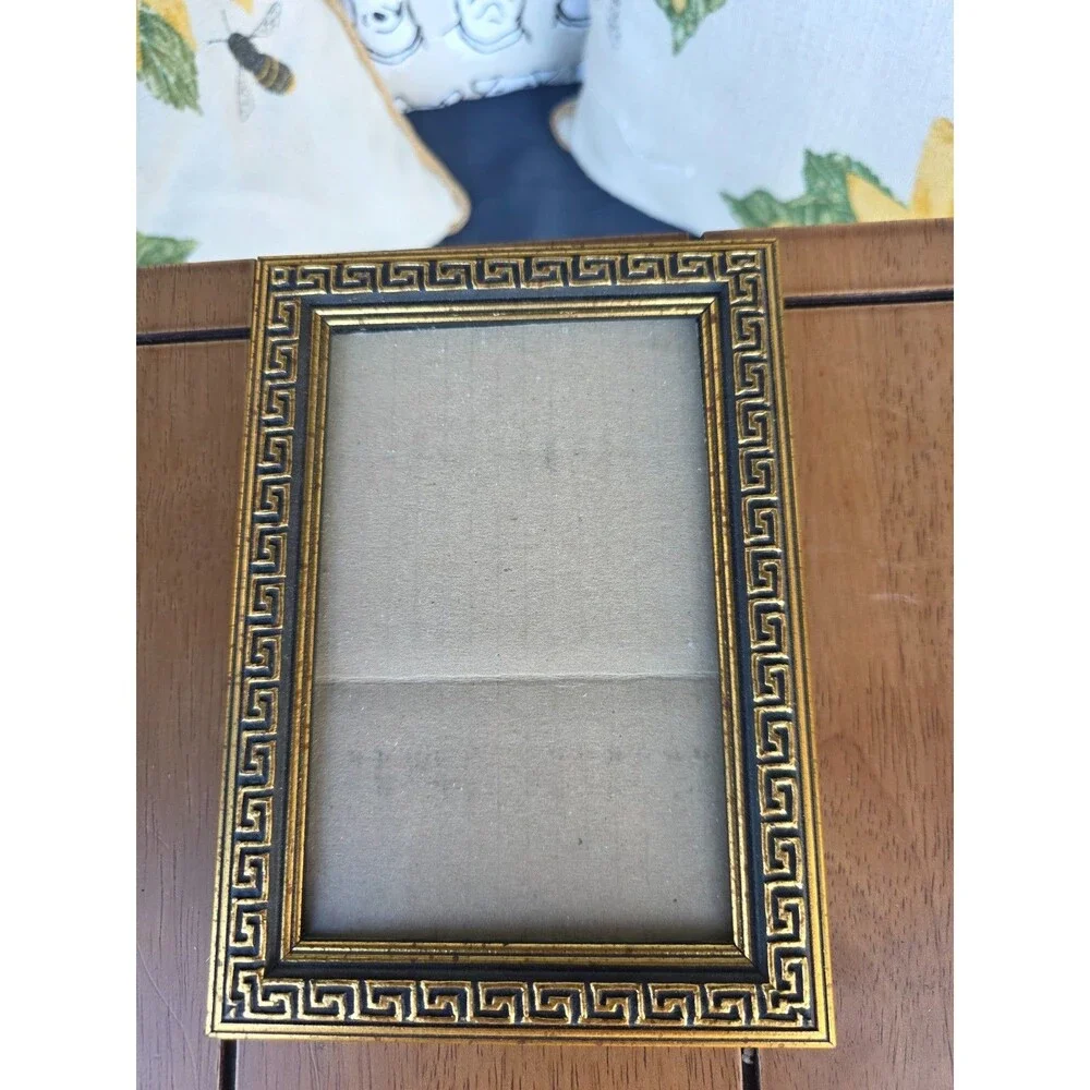 Gold Black Greek Key Picture Frame Meander Pattern 4x6 Tabletop Decor Vintage